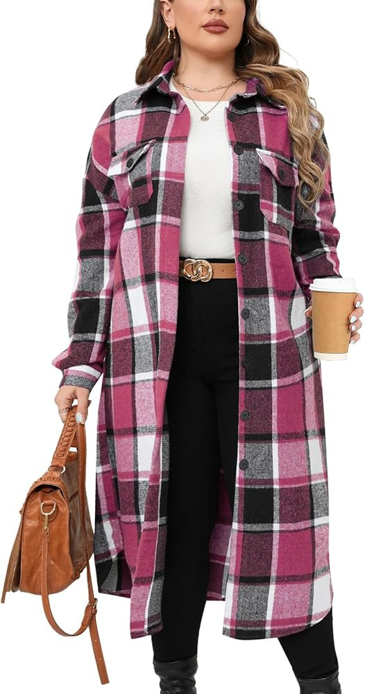 CYCLAMEN 2024 Women's Plus Size 1X-5X Long Flannel Plaid Shacket Jacket Calf-Length Button Down C... | Amazon (US)
