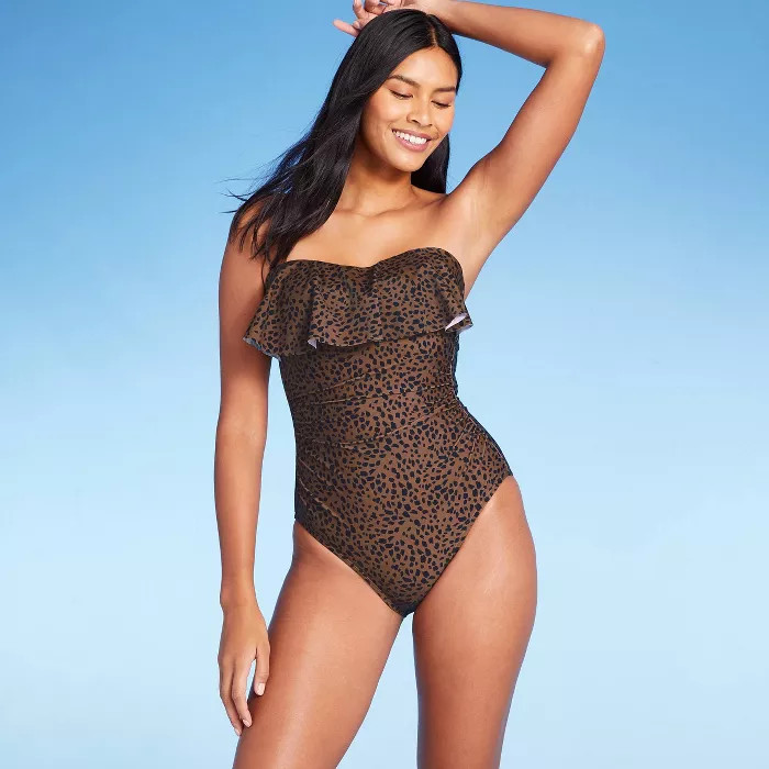 Women's Bandeau Flounce High Coverage One Piece Swimsuit - Kona Sol™ Animal Print M | Target