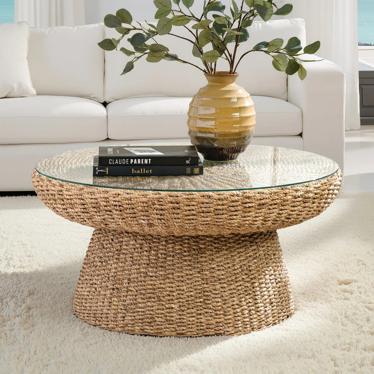 Anesty Lena Coastal 34"W Rattan Frame with Glass Top Coffee Table | Wayfair North America