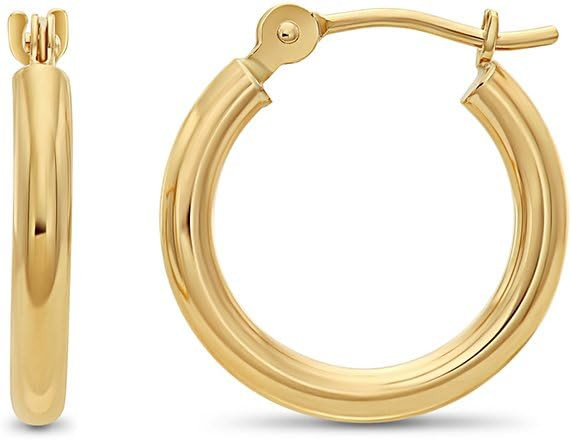 14k Yellow Gold Classic Shiny Polished Round Hoop Earrings, 2mm tube | Amazon (US)