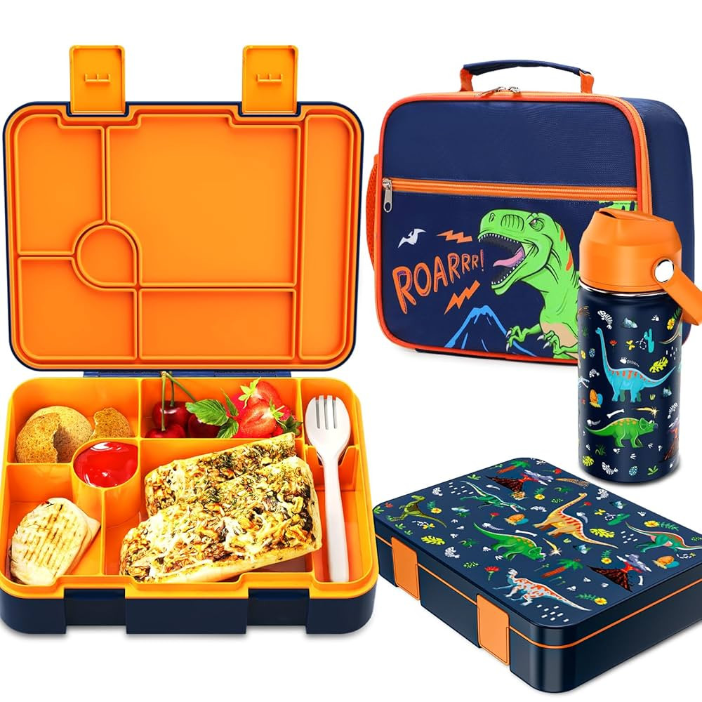 Bevalsa Kids Bento Lunch Box with 6 Compartment, Stainless Steel Metal Water Bottle, Insulated Ba... | Amazon (US)
