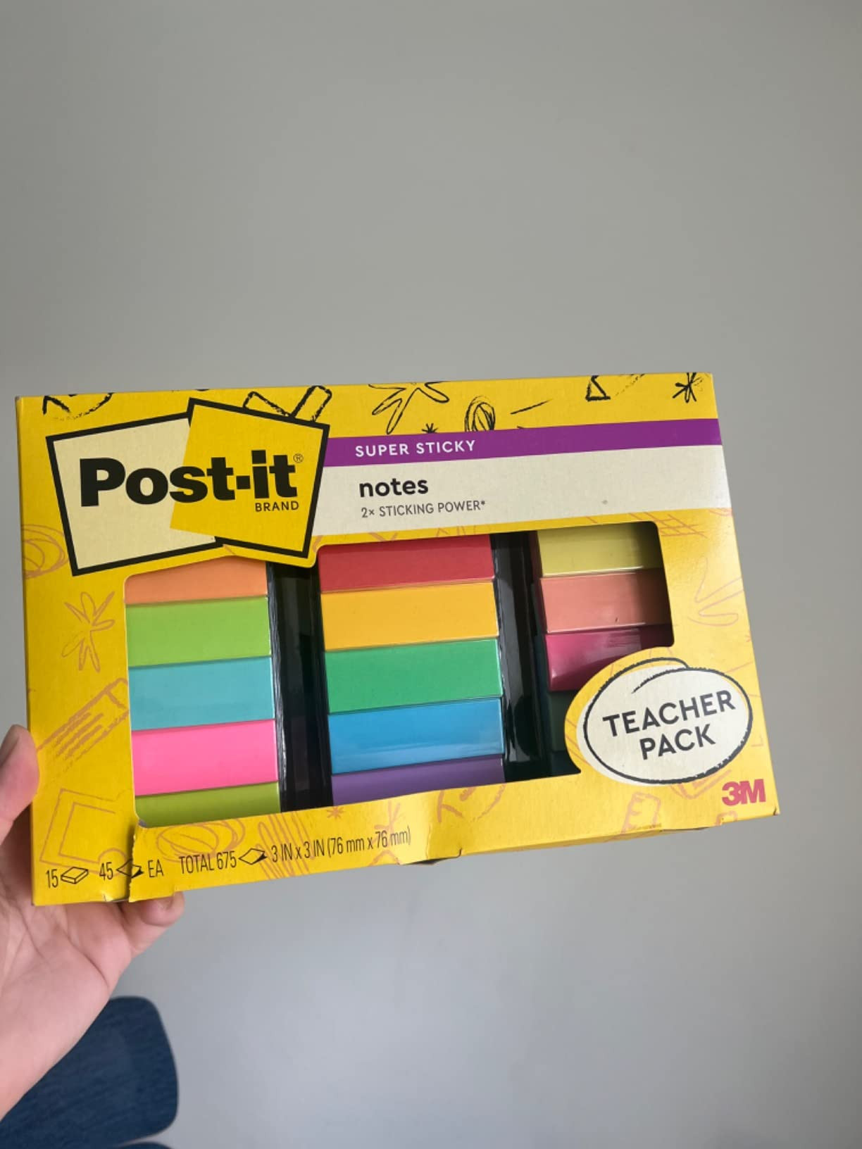 Post-it Super Sticky Notes Teacher Pack, Assorted Colors, 3 in. x 3 in., 15 Pads/Pack, 45 Sheets/... | Amazon (US)