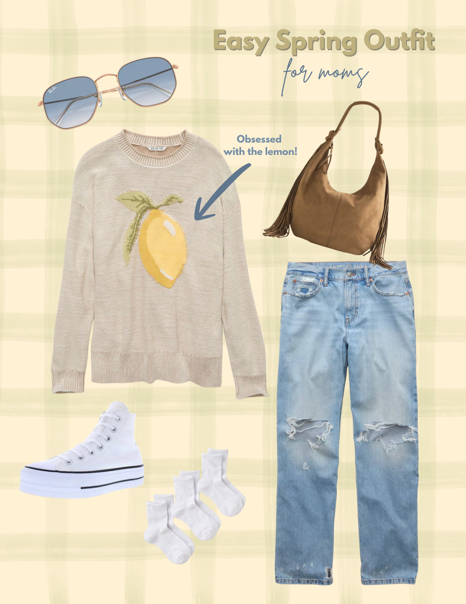 Easy spring mom outfit = comfy + cute + effortless.
This lemon oversized sweater from American Eagle is the perfect pop of sunshine, paired with their classic jeans for an everyday look. I added Ray-Ban sunglasses, a boho bag from Abercrombie & Fitch, white crew socks, and platform Converse from Converse to keep it comfy but cool.
Perfect for school drop-off, errands, coffee runs, or a casual mom day out 💛
#momstyle #springoutfit #casualmom #easyspringlook #americaneagle #abercrombie #rayban #converseplatform #ltkit #ltkfinds #ltkstyle #ootdmom #comfystyle #springfashion 

 #LTKgrwm #LTKootd #LTKmomlife