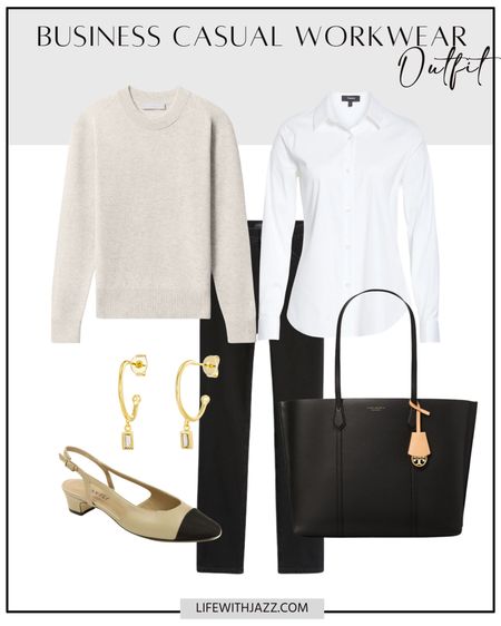 Business casual workwear inspo for the spring/summer 

Business casual / smart casual / spring workwear / summer workwear / office outfit / classic style / neutral sweater / white button up / black jeans / slingbacks / tote bag / work bag 

#LTKStyleTip #LTKWorkwear