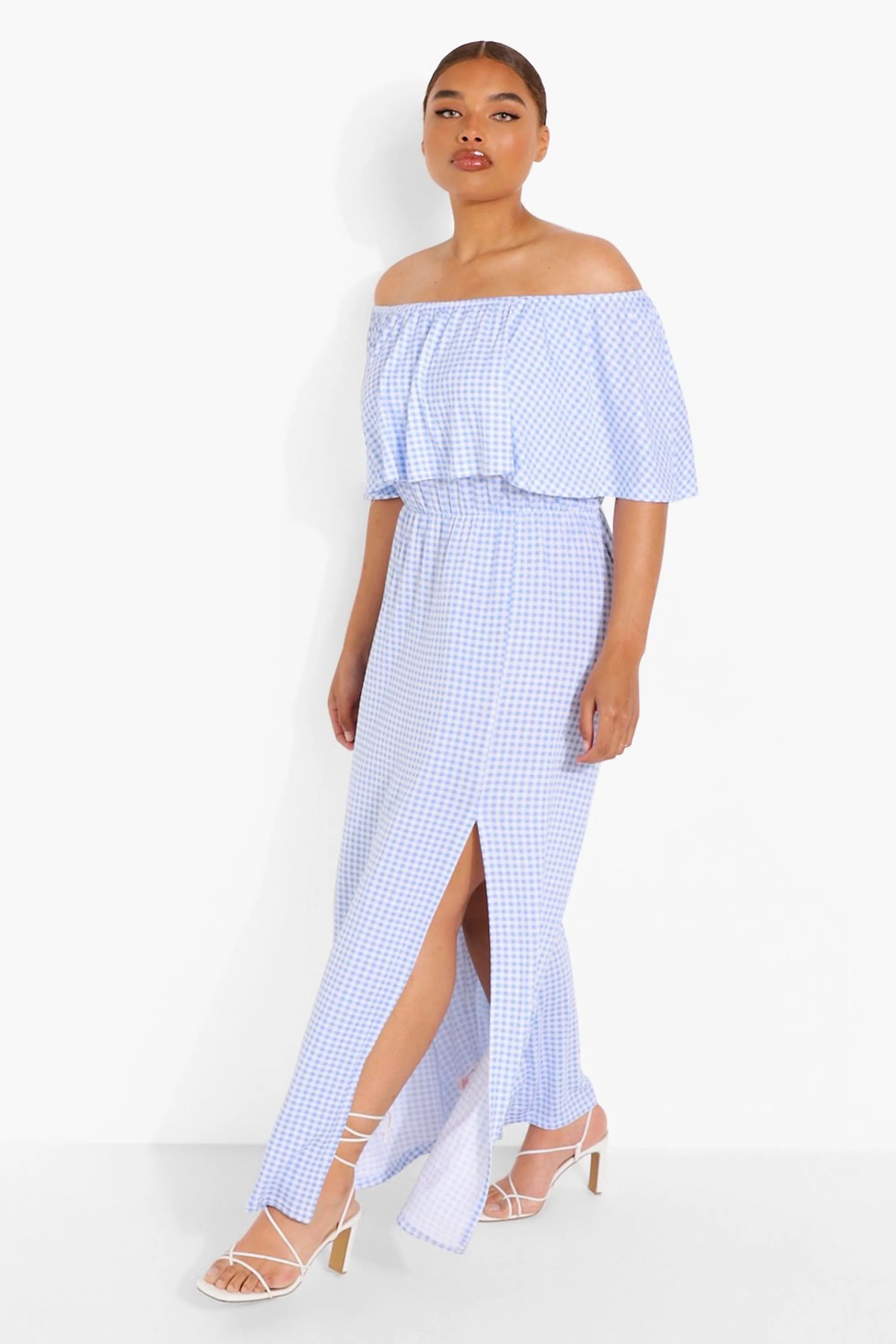 Plus Gingham Print Off The Shoulder Maxi Dress | Boohoo.com (US & CA)