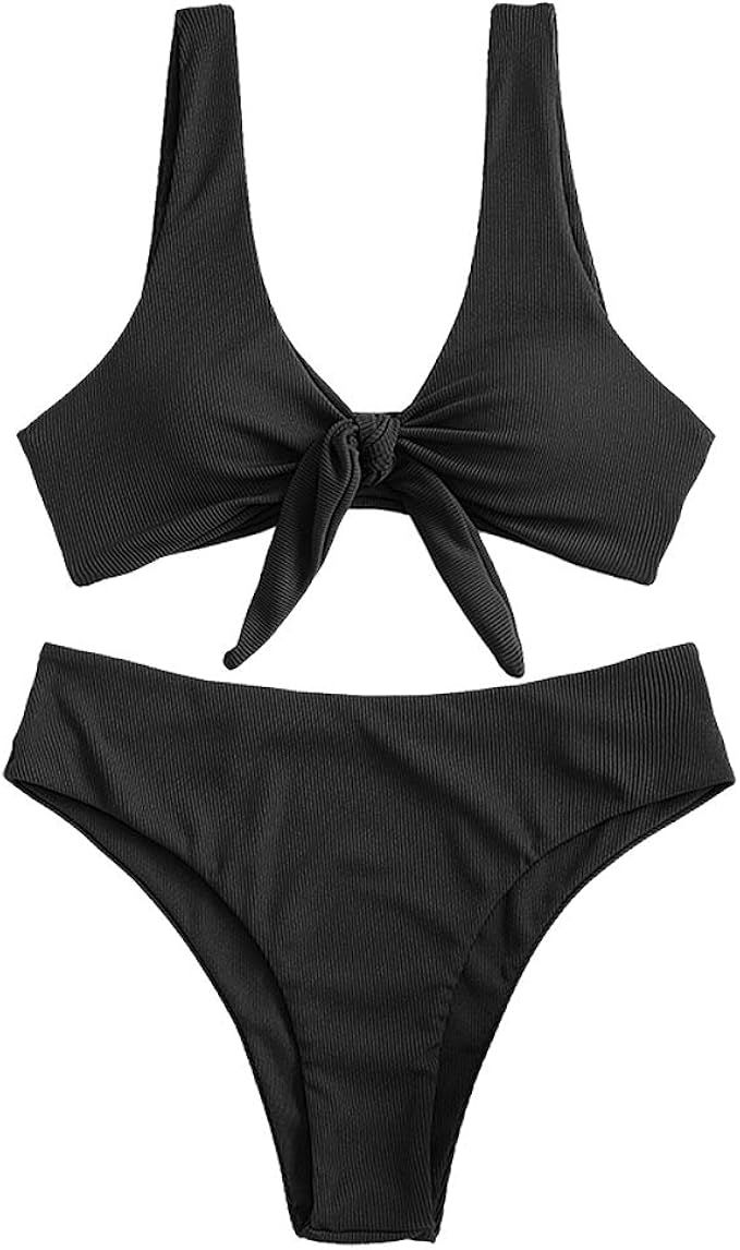 ZAFUL Women's Ribbed Tie Front Knot Bikini High Waisted Bikini Ditsy Floral High Cut Bikini Swims... | Amazon (US)