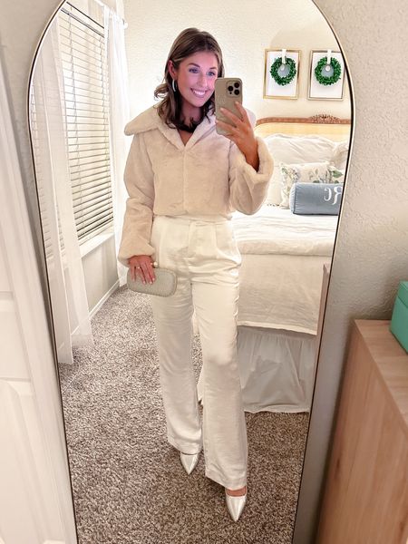 Winter white look! Wearing an XS in coat! Wearing a S in top and bottom but should have done an XS .. I tailored the pants!

Holiday party outfit // white pants // 

#LTKHoliday #LTKSeasonal