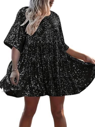 Plus Size Women Sequin Round Neck Half Sleeve Babydoll Dress, Sparkly Loose Fit Party Dress for H... | Amazon (US)