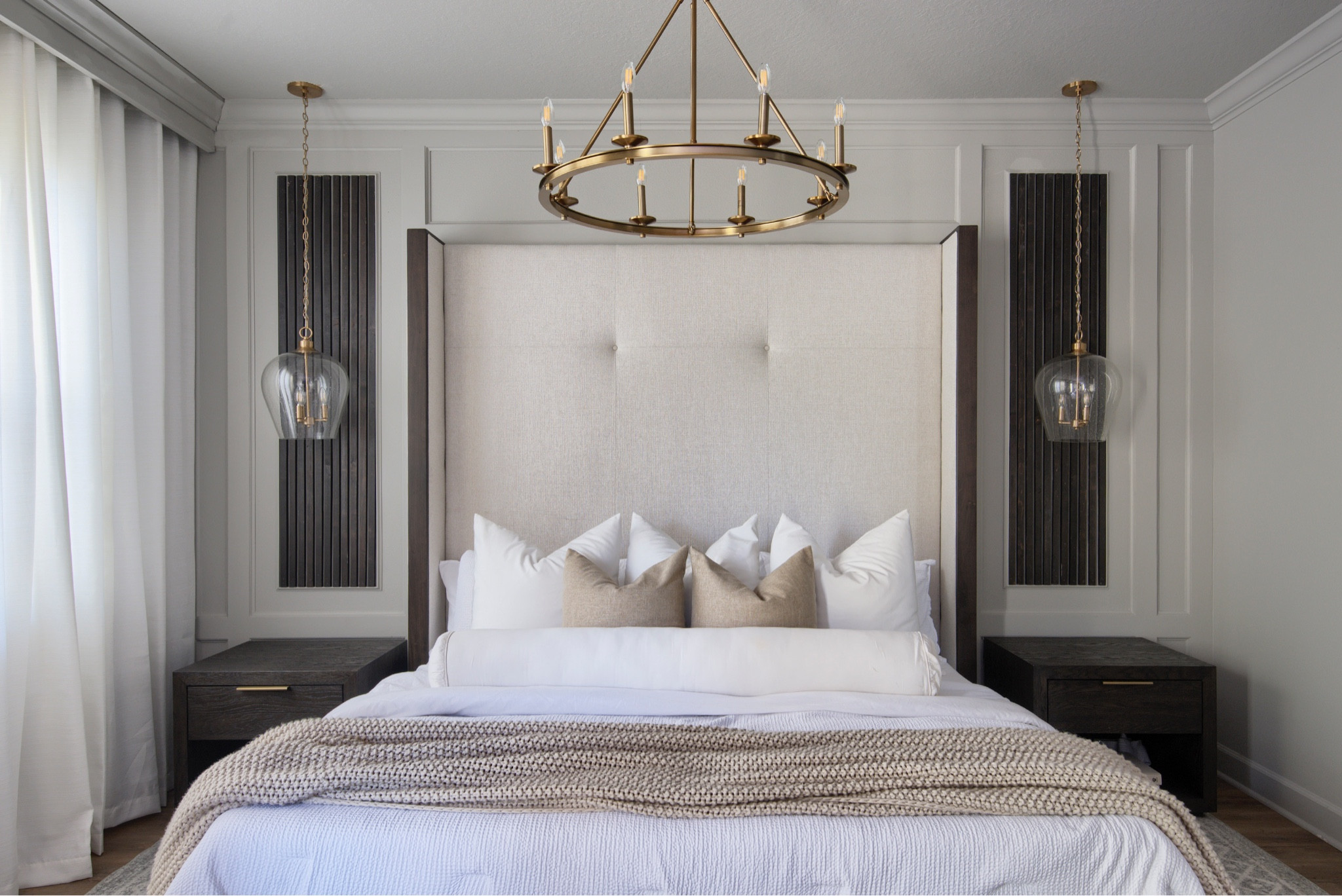 Transitional bedroom 🤍 This headboard height is unreal! Before you order, check you can fit it through doors/hallways! If not, it comes in lower heights! 

transitional glam, high headboard, RH, wood slat, slatted, bedroom ideas, bedroom inspo, king bed, tall headboard, wood nightstands, large night stands. Gold pendants, gold chandelier, antique brass, euro pillows, bedding ideas, target blanket, amazon home 

#bedroom #amazonhome #founditonamazon #bedding #competition 

#LTKFind #LTKstyletip #LTKhome