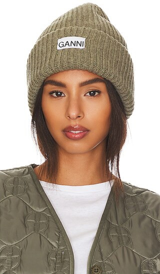 Ganni Structured Rib Beanie in Olive. | Revolve Clothing (Global)
