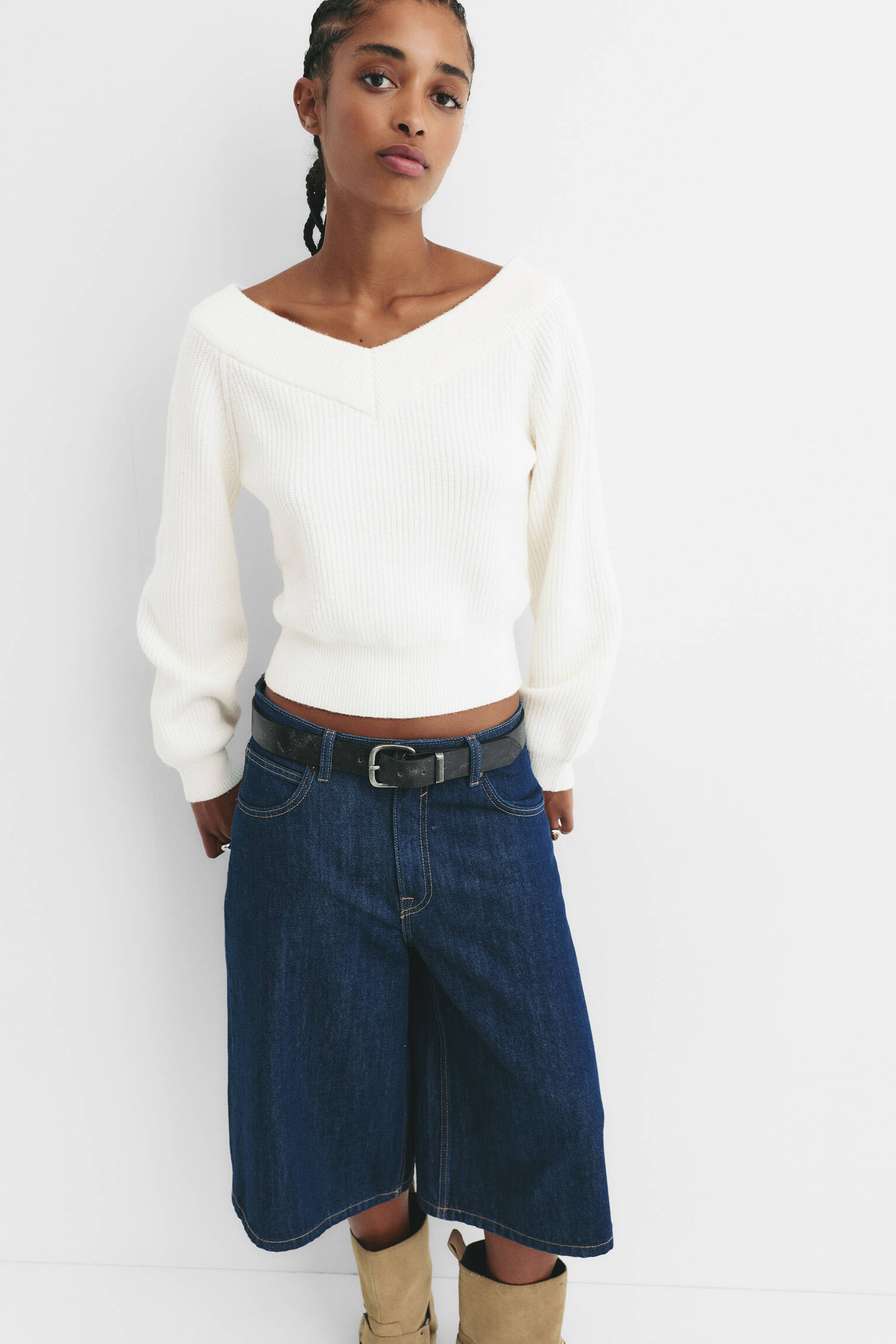 Cropped purl knit sweater - pull&bear | PULL and BEAR UK