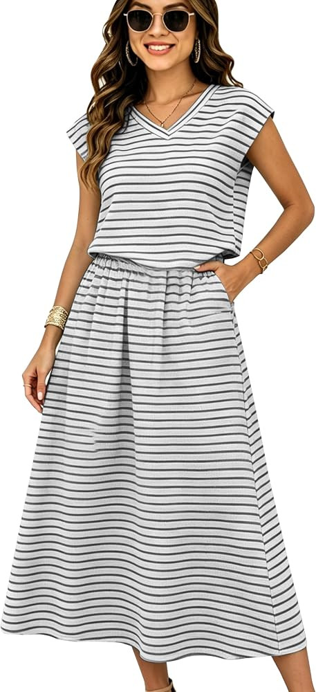 HangNiFang Striped Two Piece Maxi Skirt Set for Women V Neck Cap Sleeve Summer Dress Set Outfits ... | Amazon (US)