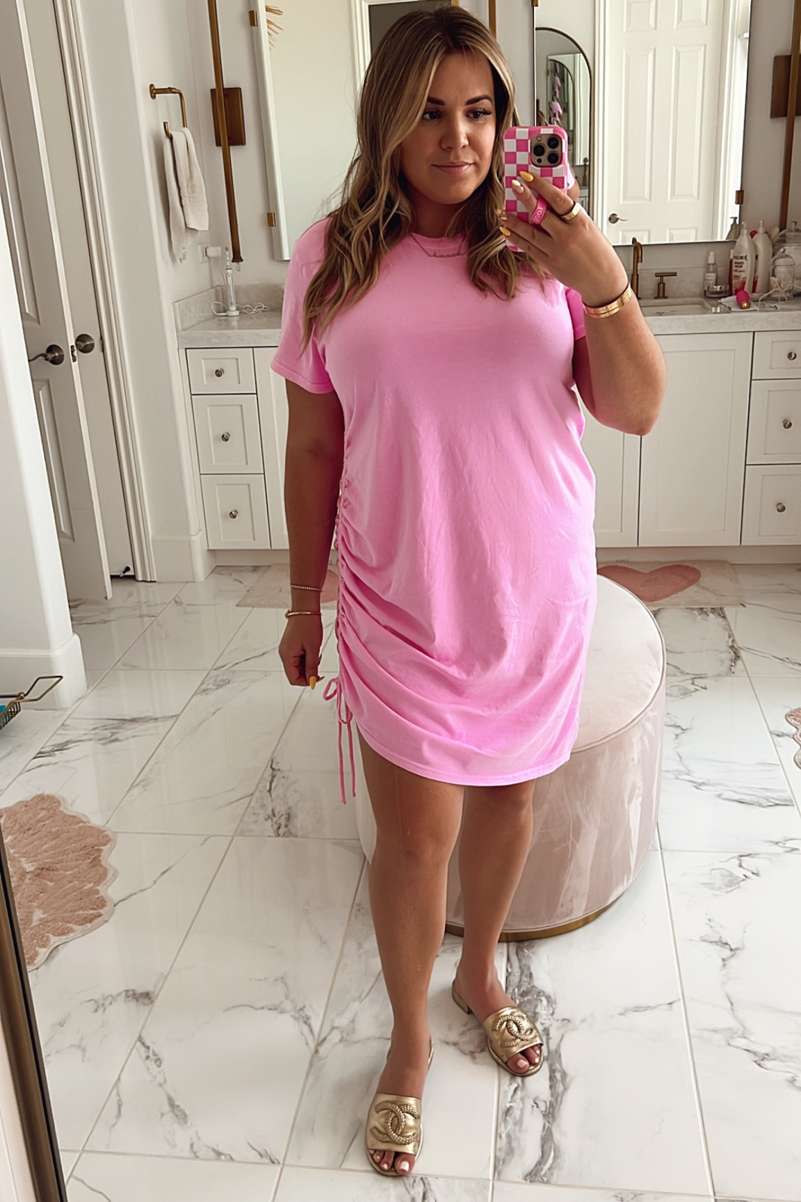 curvy pink ruched tee shirt dress for summer! wearing size xl 

#LTKcurves #LTKSeasonal #LTKunder50