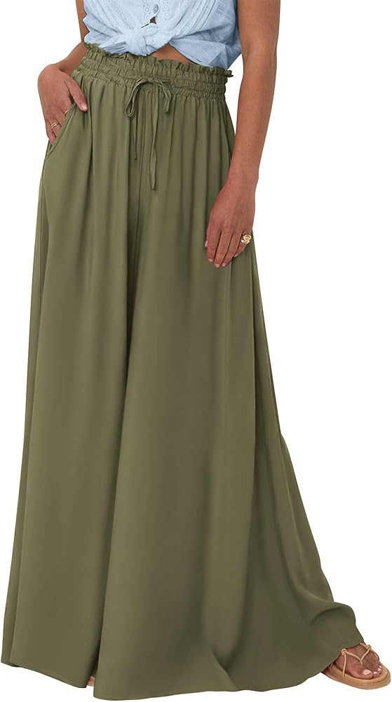 BTFBM Women Casual High Waist Wide Leg Pants Summer Floral Solid Long Palazzo Pants Lounge Beach ... | Amazon (US)