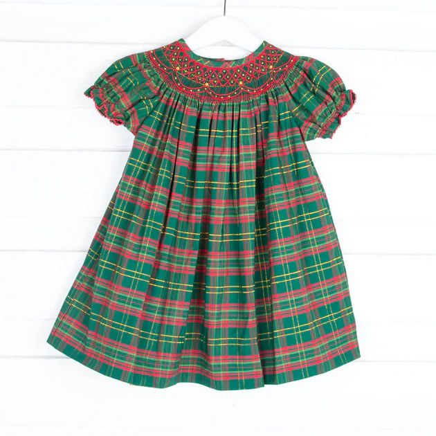 Geometric Smocked Christmas Green Plaid Dress | Classic Whimsy