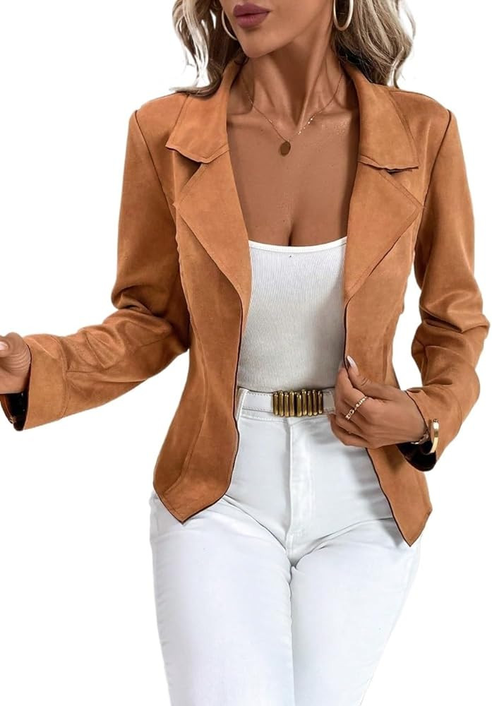 Women's Long Sleeve Jackets Tops Elegant Lapel Collar Waist Suede Jacket Fall Clothes | Amazon (US)