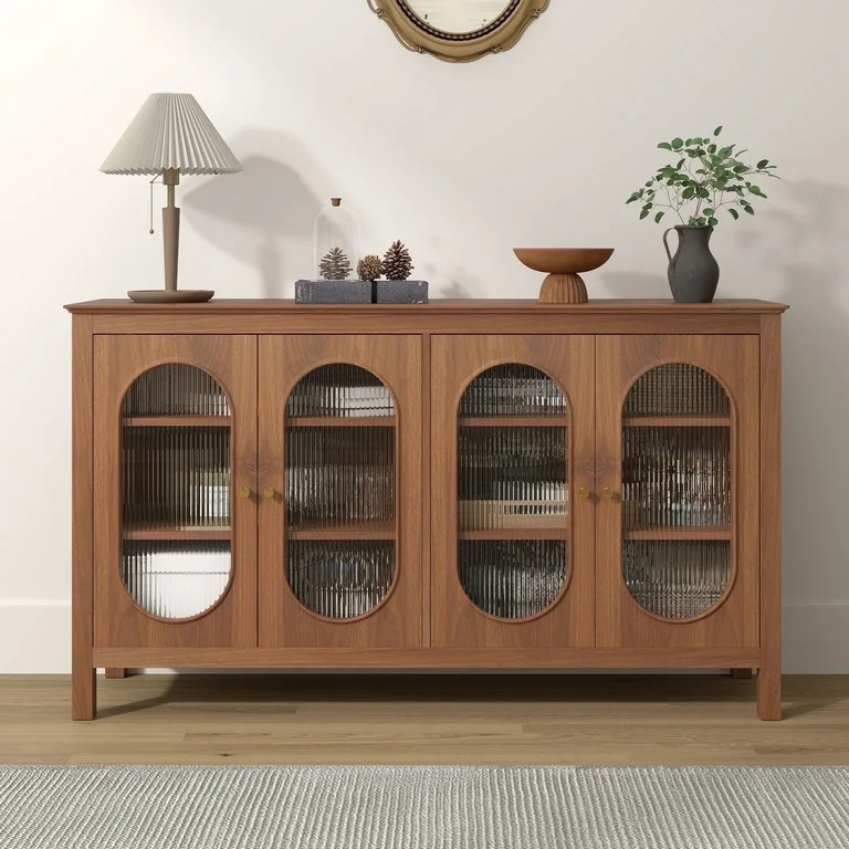 YOCWO Walnut Sideboards and Buffets, Modern Storage Cabinets with 4 Doors and Adjustable Shelves ... | Walmart (US)