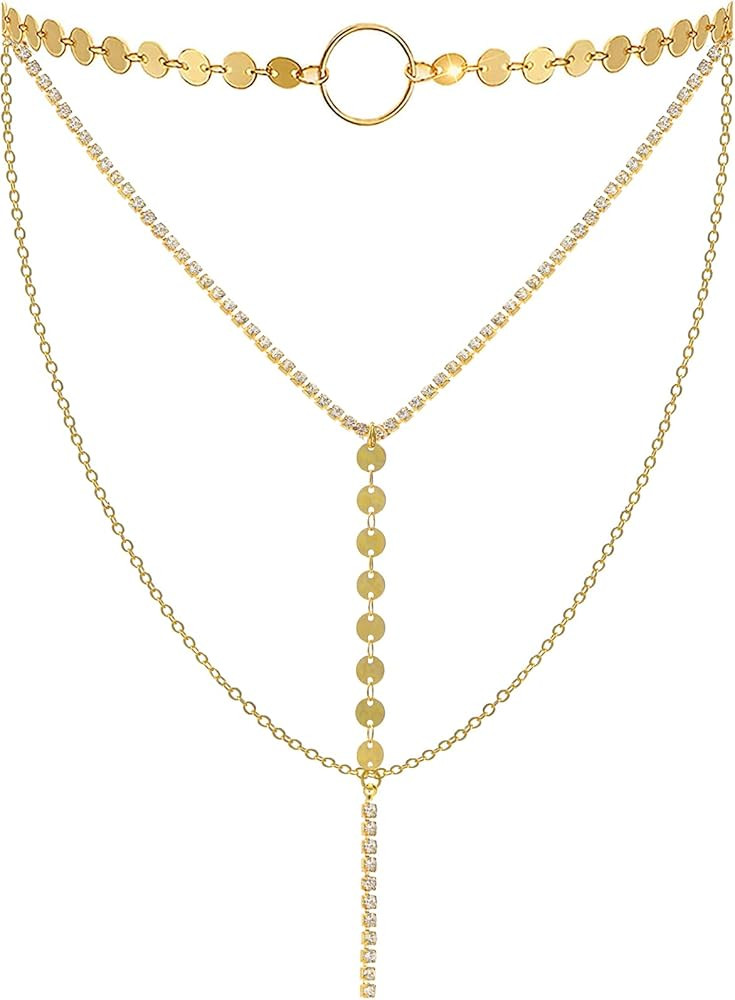 Suyi Stylish Layered Sequins Choker Necklace with Thin Long Chian Pendant for Women Lady | Amazon (US)