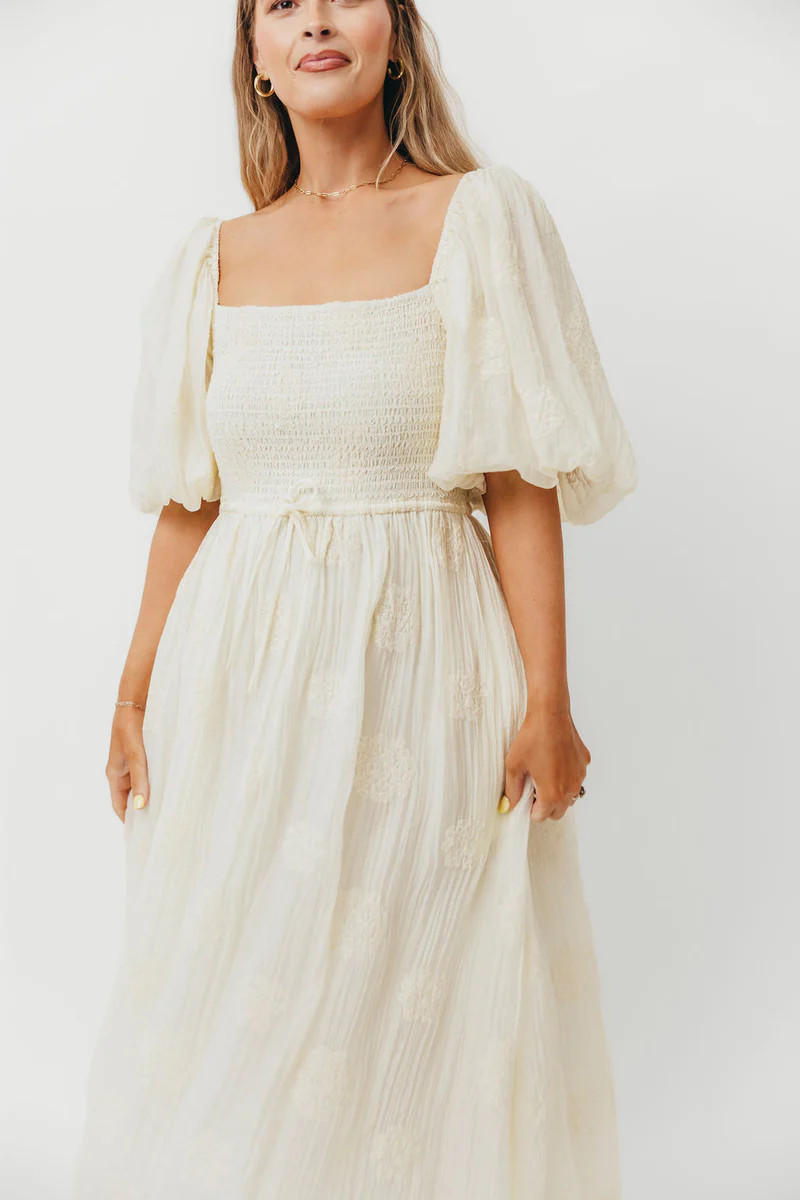 Aimee Smocked Embroidered Floral Midi Dress in Ivory | Worth Collective