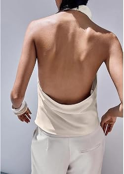 ABYOVRT Women Halter Top Cowl Neck Backless Satin Silk Tank Tops Elegant Going Out Clubwear | Amazon (US)