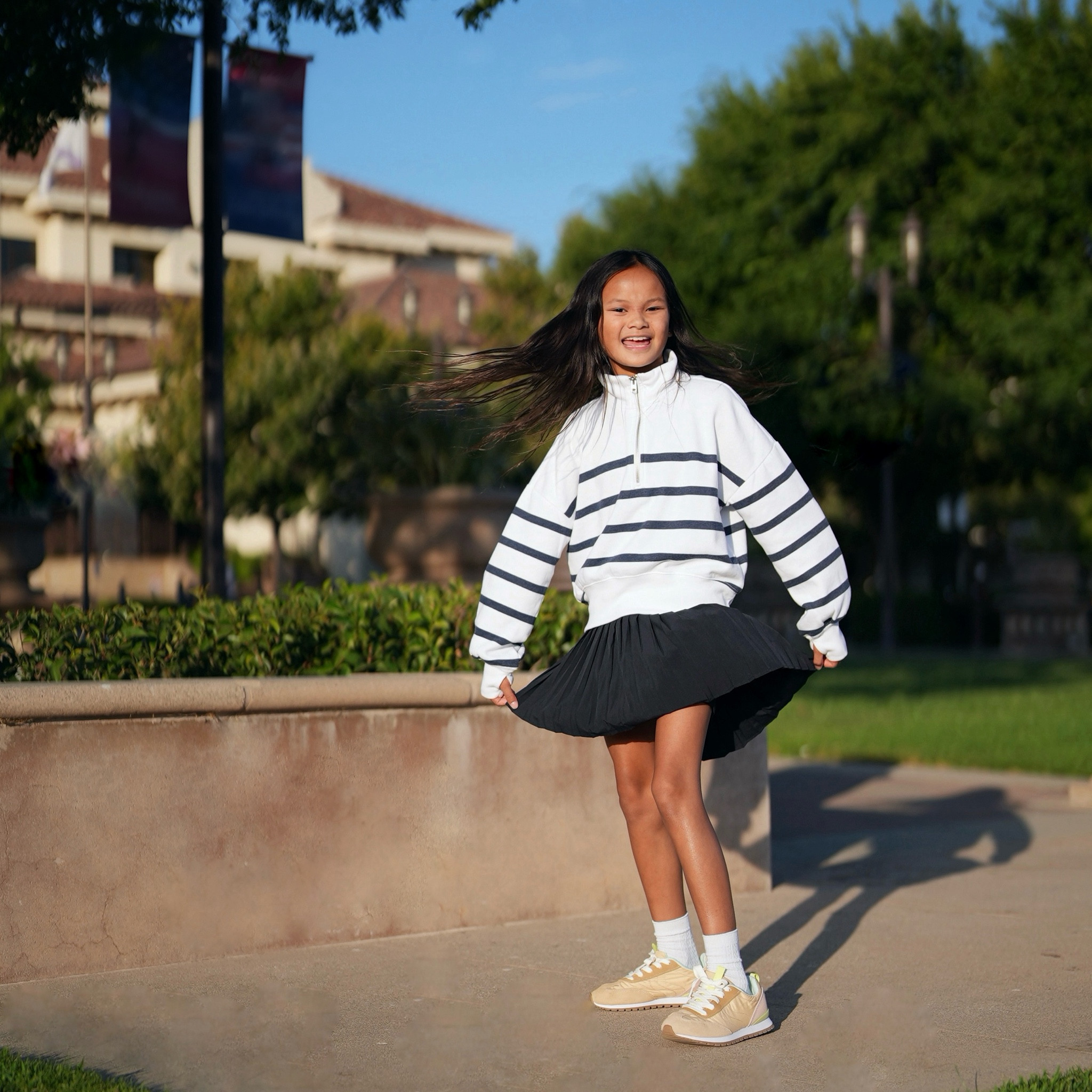 Great summer to fall transition girls outfit. Comfortable pleated skort. Love the built in shorts. Paired with a cozy half zip sweatshirt with thumb holes. On sale now 

#LTKFallSale #LTKKids #LTKFamily