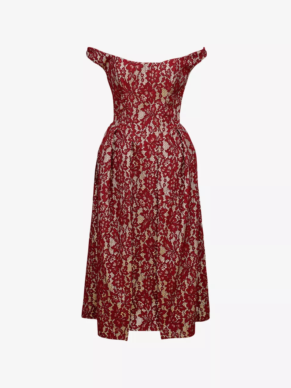 Charming Off-The-Shoulder Lace and Satin Midi Dress | Selfridges