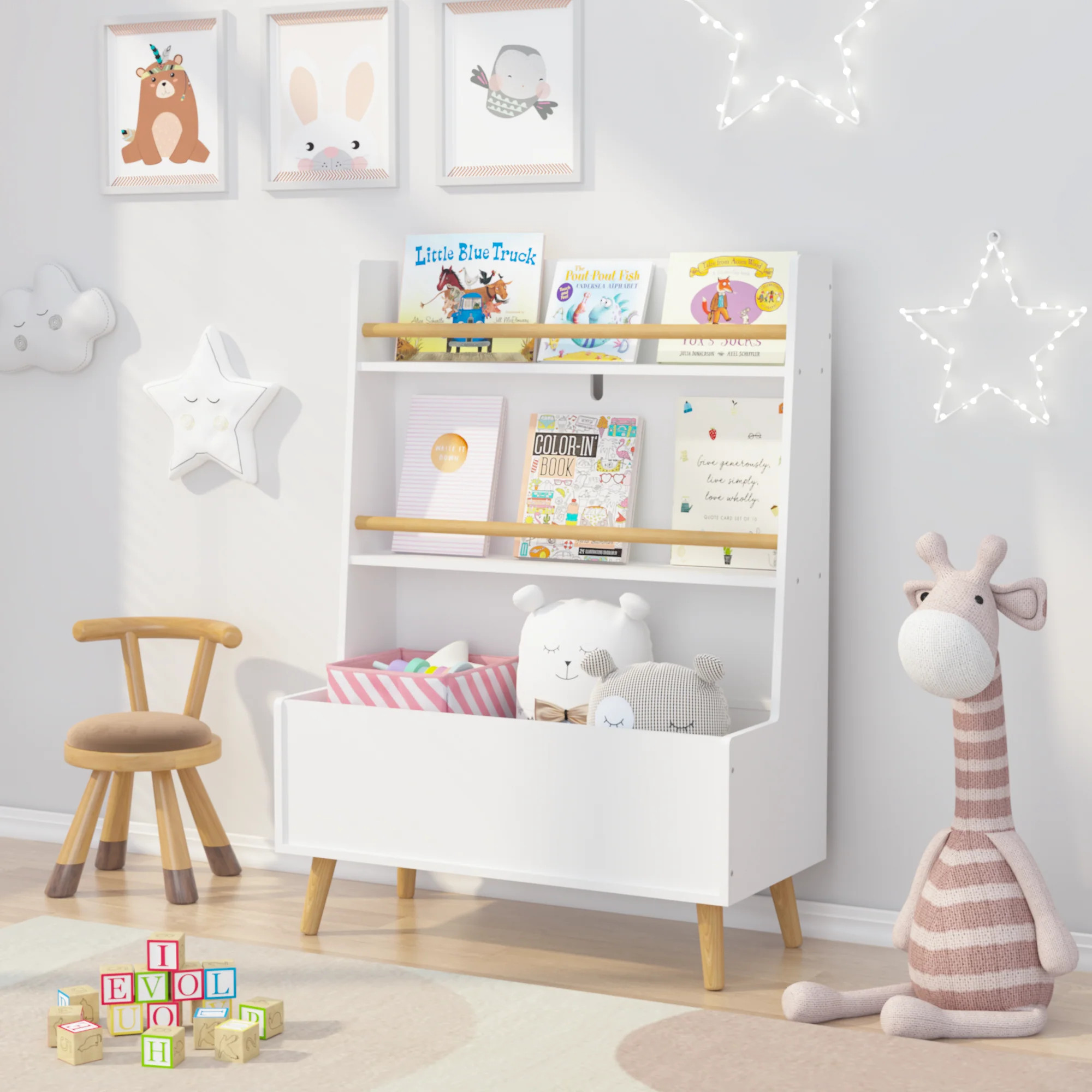 Streamdale Sturdy Kids Bookshelf w/ Storage Bin & Wall Anchor White 2-Tier | Shop Simon