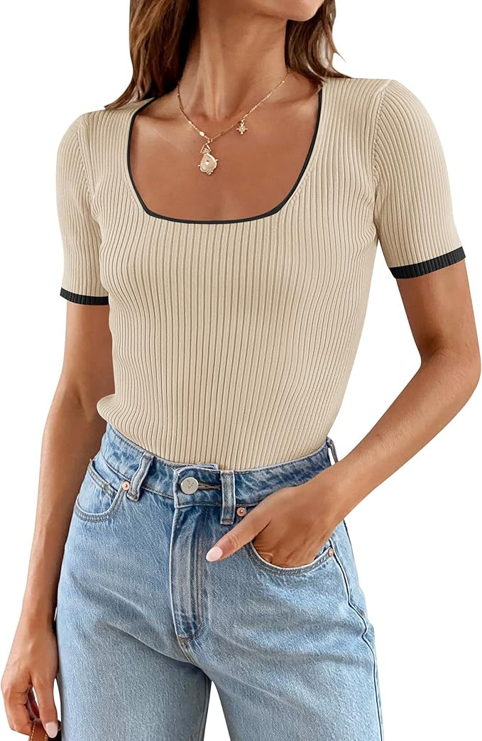 ZESICA Women's Short Sleeve Square Neck Color Block T Shirt 2026 Summer Slim Fit Ribbed Knit Basi... | Amazon (US)