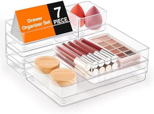 SMARTAKE 7-Piece Drawer Organizer with Non-Slip Silicone Pads, 4-Size Desk Drawer Organizer Trays... | Amazon (US)