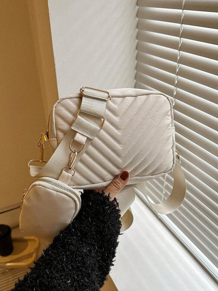 Mini vierkante tas met portemonnee Nylon Chevron Mini reliëf kubus crossbody tas, getextureerde ... | SHEIN