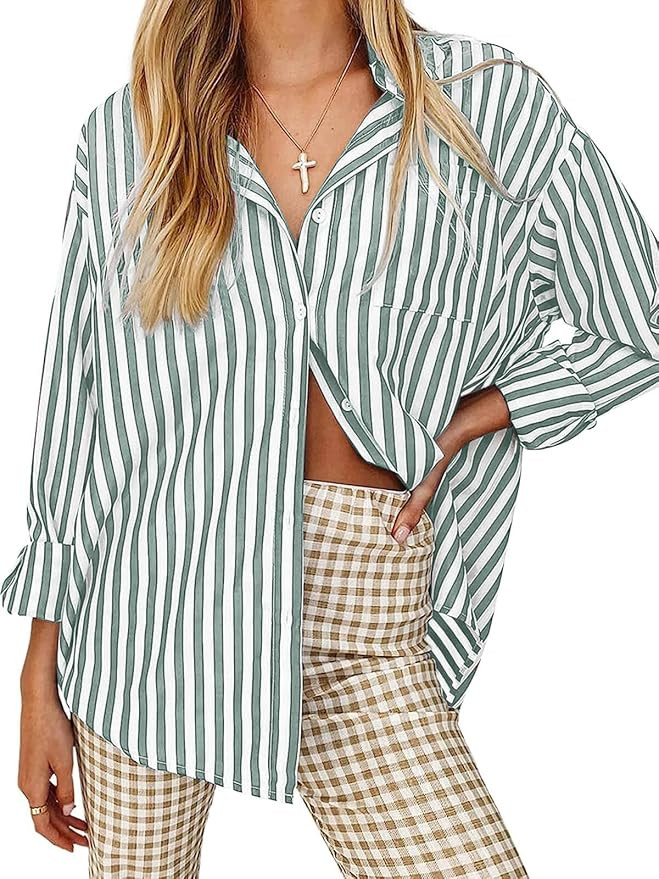 thefabland Women's Blouses Striped Long Sleeve Shirts Button Down Loose Fit Casual Tops | Amazon (US)