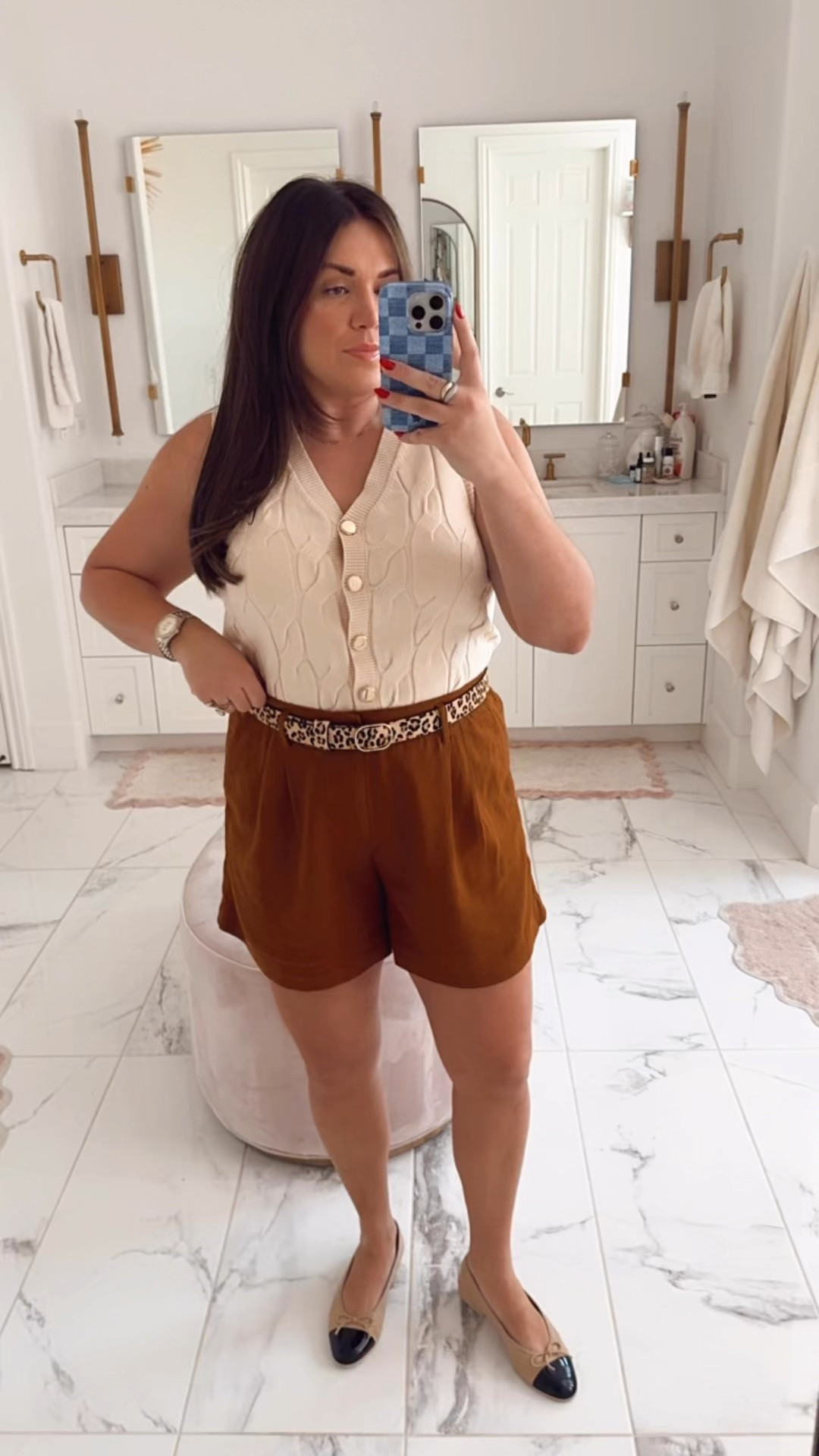 curvy fall outfit! wearing size large in cream sweater vest and size 14 in cognac linen shorts! could have taken the 12 though. found my exact belt too! flats are Chanel, i’ll link similar! 

#LTKSeasonal #LTKMidsize #LTKFindsUnder50