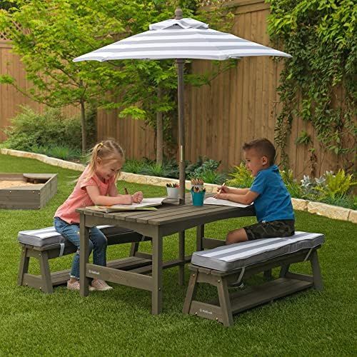 KidKraft Outdoor Wooden Table & Bench Set with Cushions and Umbrella, Kids Backyard Furniture, Gray  | Amazon (US)