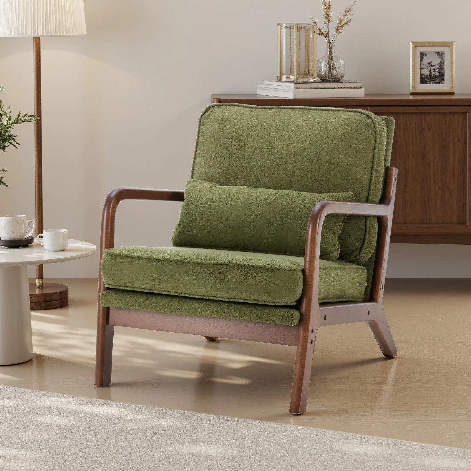 GlasFlength Mid Century Modern Accent Chair with Armrests Waist Cushion and Solid Wood Frame for Living Room Reading Nook or Cozy Bedroom Green | Lowe's