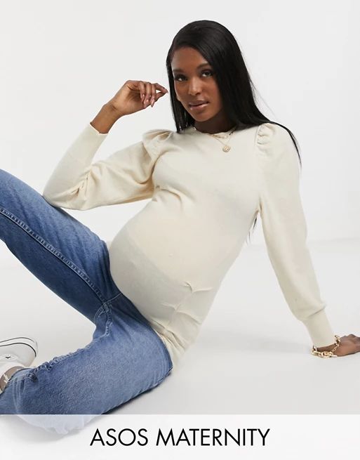 ASOS DESIGN Maternity volume sleeve sweater with ruched waist in cream | ASOS (Global)
