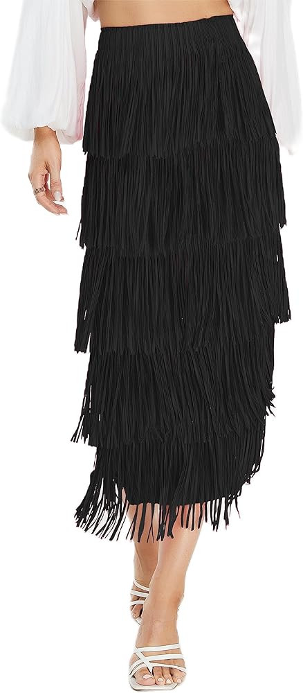 Women's Fringe Trim High Waist Short Pencil Bodycon Skirts, Sexy Elegant Fringe Long Maxi Skirt S... | Amazon (US)