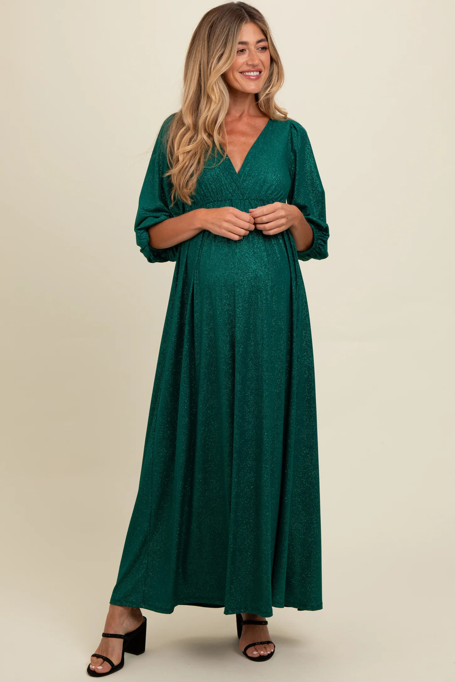 Forest Green Glitter V-Neck Maternity Maxi Dress | PinkBlush Maternity