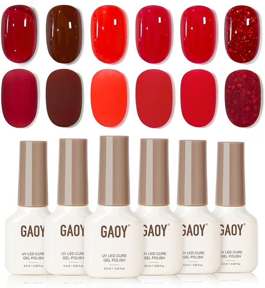 GAOY Red Gel Nail Polish Set, 6 Colors Burgundy Cherry Jelly Glitter, UV Light Cure Gel Polish fo... | Amazon (US)