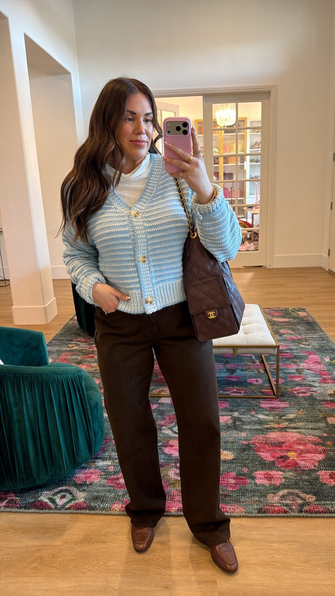curvy midsize cool blue color trend outfit! wearing size large in cardigan and size 30 in chocolate brown denim 

#LTKSeasonal #LTKMidsize #LTKFindsUnder100