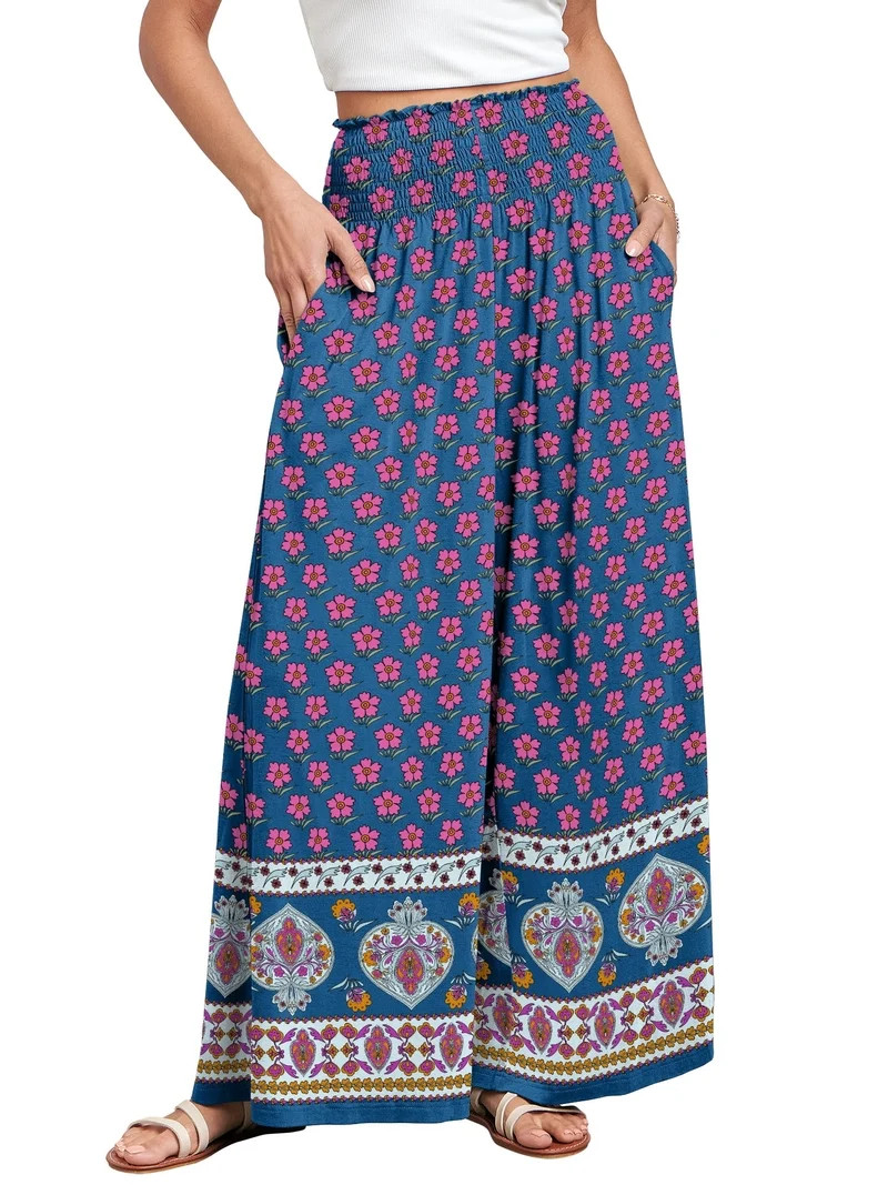 ANRABESS Womens Wide Leg Pants Summer Casual Palazzo Lounge Pants High Smocked Waist Loose Beach ... | Walmart (US)