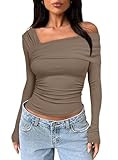 Darong Women's One Off Shoulder Long Sleeve Tops Ruched Going Out Crop Shirts Slim Fit Y2K Tee Bl... | Amazon (US)