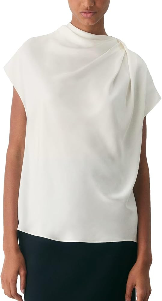 Womens Cap Sleeve Satin Blouse Mock Neck Silk Shirts Casual Dressy Summer Tank Tops Beach Outwear... | Amazon (US)