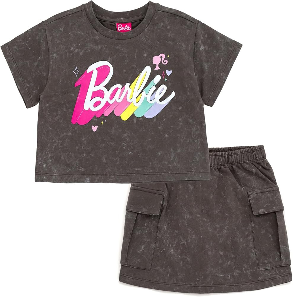 Barbie Girls French Terry Cropped Drop Shoulder T-Shirt and Skirt Outfit Set Toddler to Big Kid S... | Amazon (US)