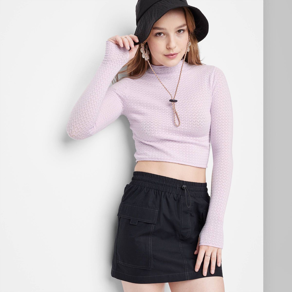 Women's Mock Turtleneck Pointelle Pullover Sweater - Wild Fable™ Light Violet M | Target
