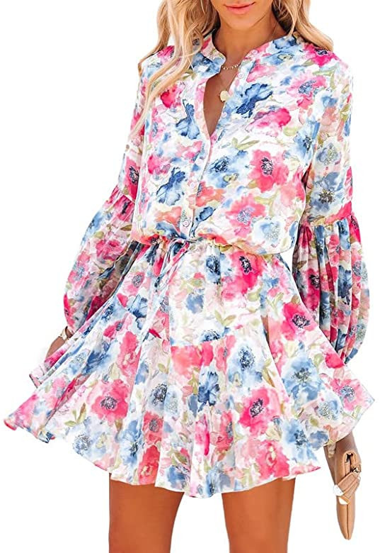 Clarisbelle Women's Long Sleeves Button up Tie Waist Floral Chiffon Dress | Amazon (US)