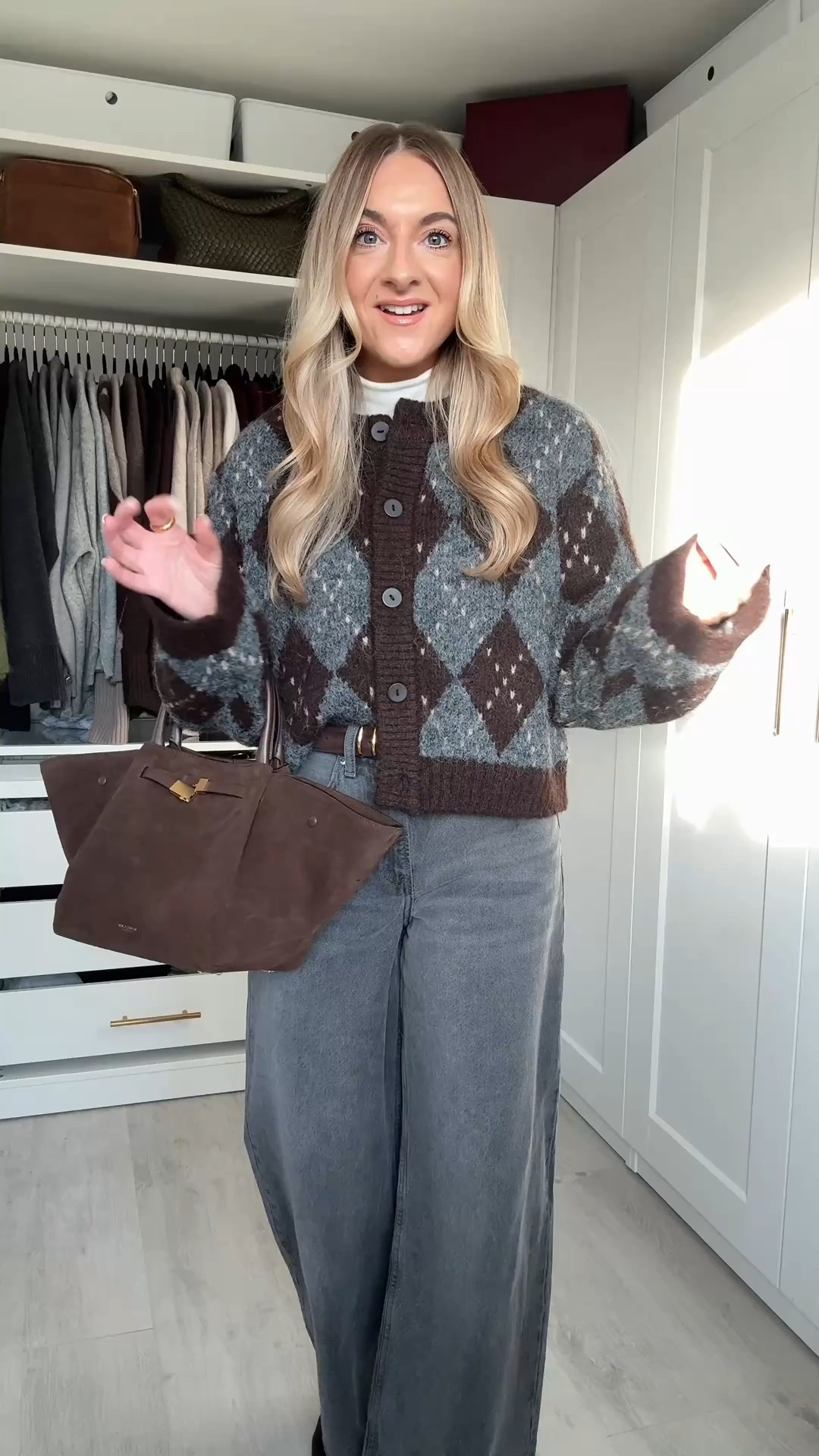 AFSTACIE for an extra 15% off my jeans! 
Cardigan: 25% off with club card 
Brown suede Bag: 20% off

Argyle wool cardigan: size medium (I sized up)
Grey wide leg jeans: 25 short (true to size) 
Thermal high neck top: small 

Elevated casual outfit for dinner / pub drinks / lunch 

#LTKCyberWeek #LTKsale #LTKjeans