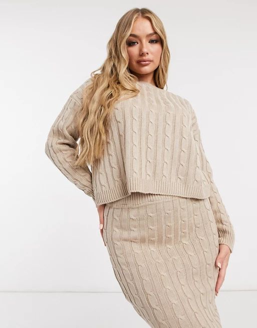 Femme Luxe cable knitted sweater and midi skirt in biscuit | ASOS (Global)