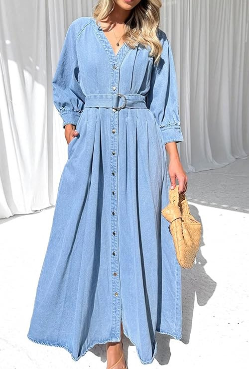 loveimgs Women 2025 Casual Button Down Denim Maxi Dress Pleated A Line Long Jean Shirt Dresses Be... | Amazon (US)