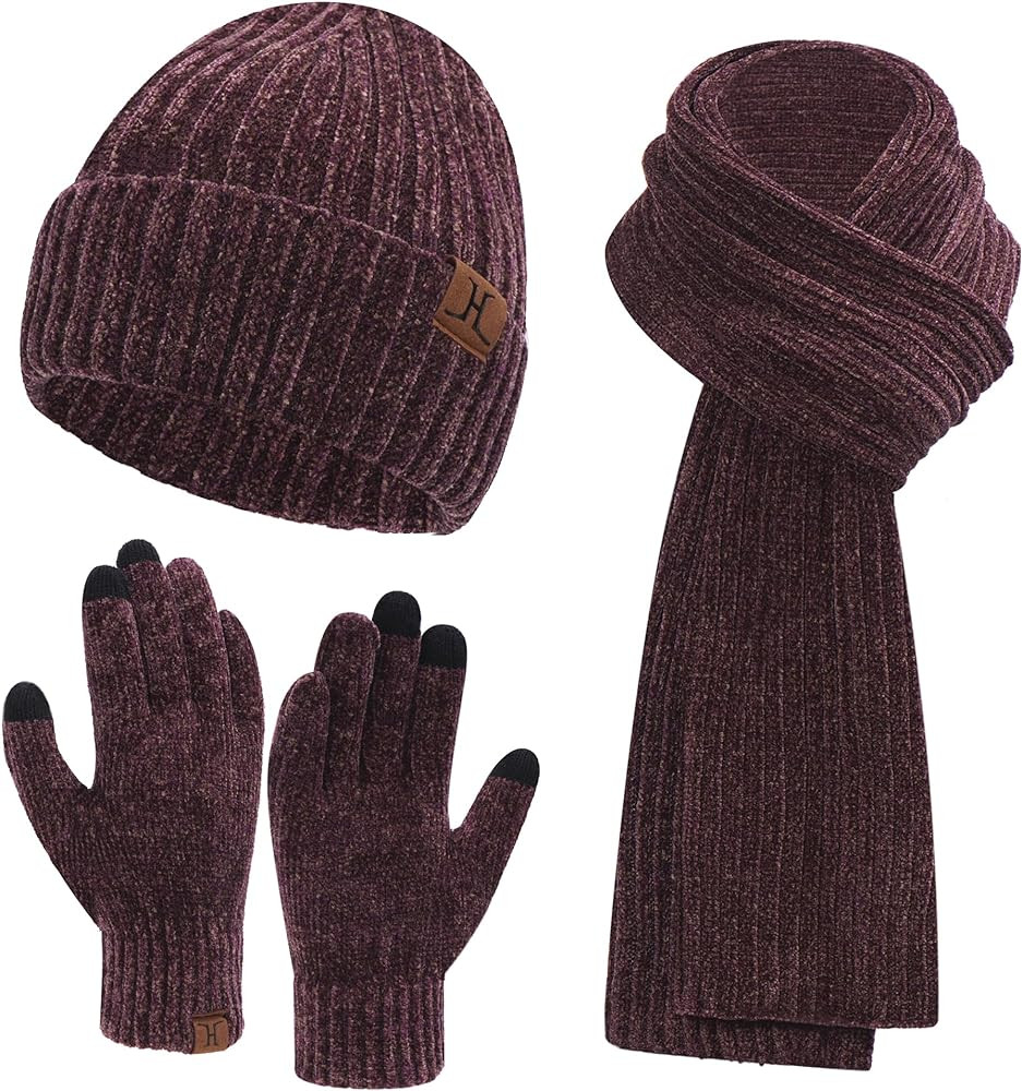 Womens Winter Knit Warm Hat Beanie Long Scarf Touch Screen Gloves Set Skull Caps Neck Scarves for... | Amazon (US)