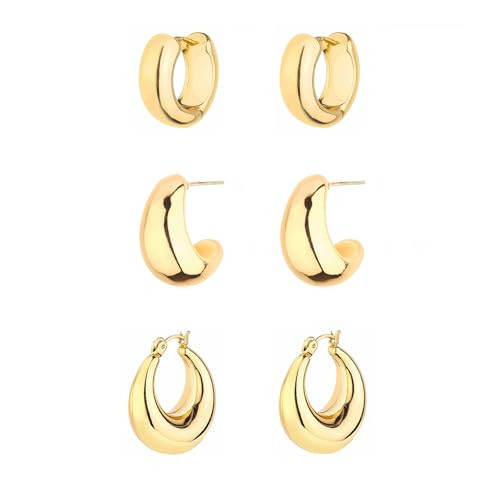 HILXURY Gold Chunky Hoop Earrings Set for Women, 14K Gold Plated Twisted Huggie Hoop Earring Hypoallergenic, Thick Open Hoops Set Lightweight | Amazon (US)